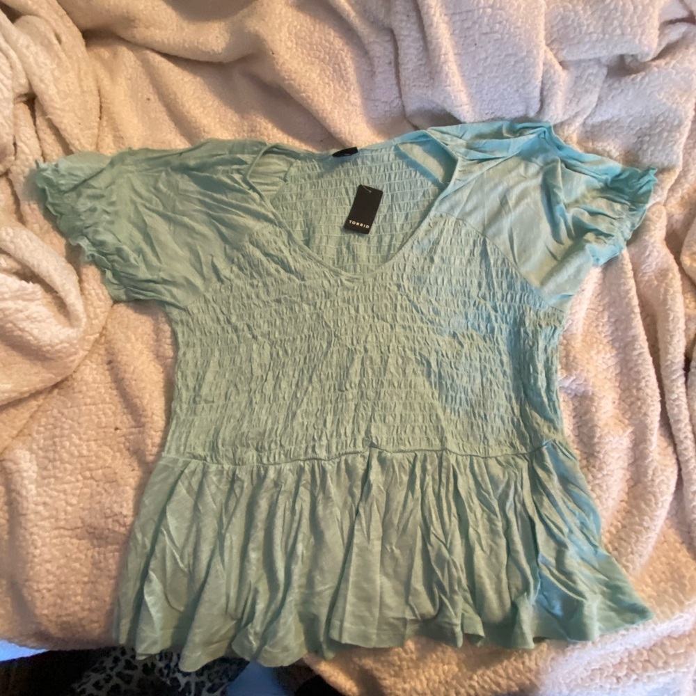 Chic Aqua Blouse with Ruffled Hem